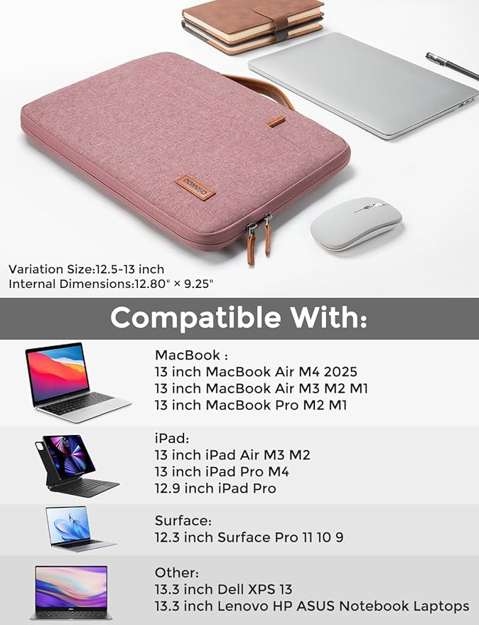DOMISO Laptop Case Sleeve Protective Cover Compatible with MacBook Air 13 M4 M3 M2,MacBook Pro M2 M1,iPad Air/Pro,13 inch Dell,Lenovo, HP,Asus,Waterproof Computer Cases Bag with Handle,Pink