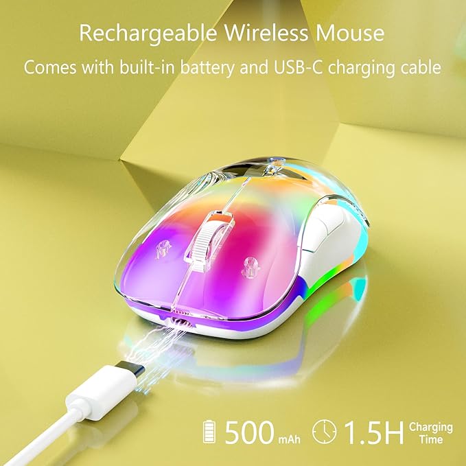 memzuoix 2.4G Wireless Mouse with Customizable Cover & 9-Color LED - Rechargeable Ergonomic, 1400 DPI, 5 Buttons, USB Receiver for PC/Mac - Yellow