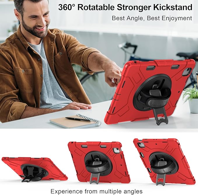 Case for iPad Air 13 Inch M4/M3/M2 (2026/2025/2024): Silicone Shockproof Case with Screen Protector - Stand - Handle - Shoulder Strap - Pen Holder- Red
