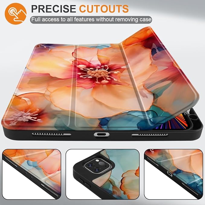MEEgoodo Case for iPad Pro 12.9 Case M2 6th/5th/4th/3rd Generation 2022 2021 2020 2018, Protective Tablet Cover with Soft Back Shell for Kids, Ink Colorful Flowers
