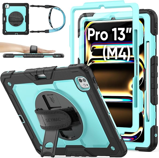 SEYMAC stock Case for iPad Pro 13-inch M5-M4 2025-2024, Shockproof Heavy Duty Case with Screen Protector, Pencil Holder, Rotating Stand, Hand Strap, Shoulder Strap, SkyBlue