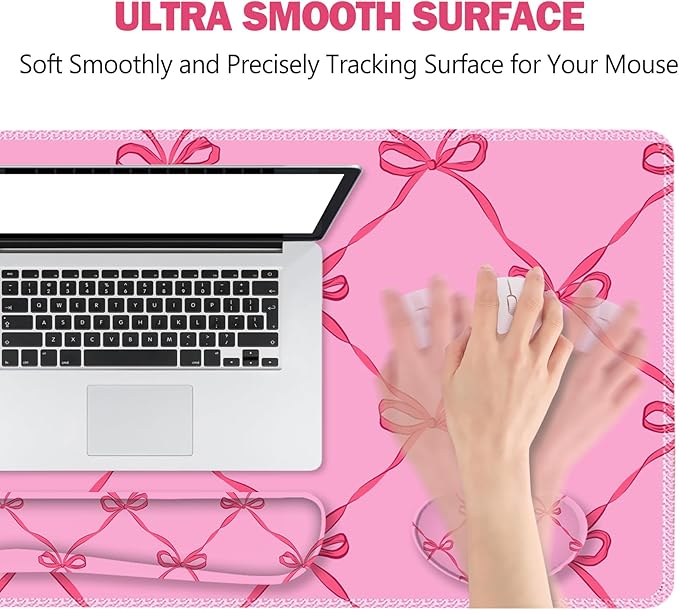 ToLuLu Large Mouse Pad Desk Pad Set, Wrist Rest Support Desk Mat for Keyboard Mouse, 4PCS 35.4”x15.7 XXL Giant Mouse Pad, Non-Slip Base Stitched Edges Mousepad Office Desk Decor, Hot Pink Bow