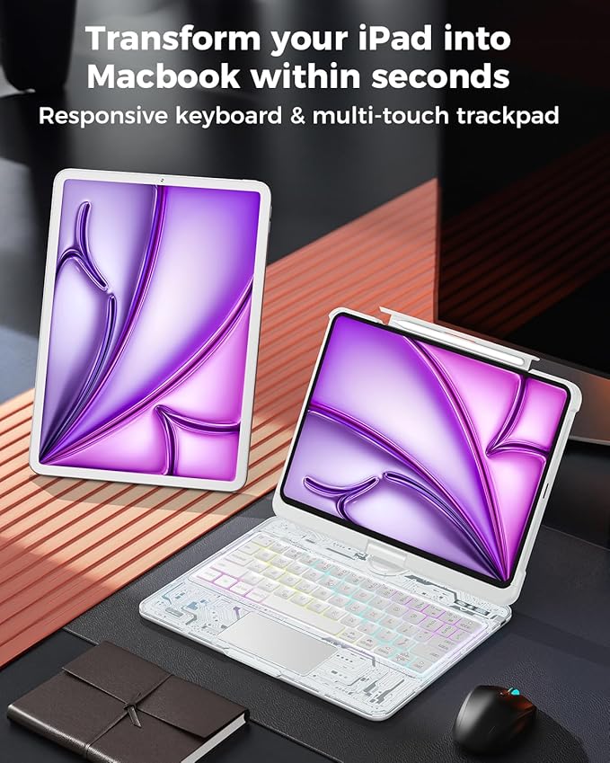 TSQQST Clear Wireless Keyboard Case for iPad Air 13 Inch (M4/M3/M2, 2026/2025/2024)/ iPad Pro 12.9" (6th/5th/4th/3rd Gen), 7-Color Backlit, Pencil Holder & Multi-Touch Trackpad, 360 Rotatable, White