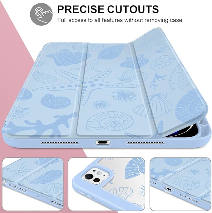 Case for iPad Pro 11 inch (M5) 2025 (M4) 2024 Release Slim Lightweight Cute Light Blue Cover with Clear Back TPU Edge Pencil Holder Trifold Stand, Starfish and Shells