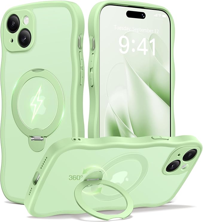CAPRARO for iPhone 15 Case with 360° Spin Magnetic Stand for Women, [Compatible with MagSafe] [Full Camera Protection] Cute Wave Translucent Matte Case for iPhone 15, Light Green