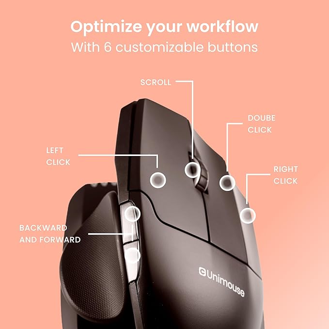 Contour Unimouse Ergonomic Vertical Mouse Adjustable 35°-70° Tilt Angle, 6 Programmable Buttons for Productivity, Customizable Thumb Rest for Wrist Pain Relief | Plug & Play Mac/PC - Wireless - Right