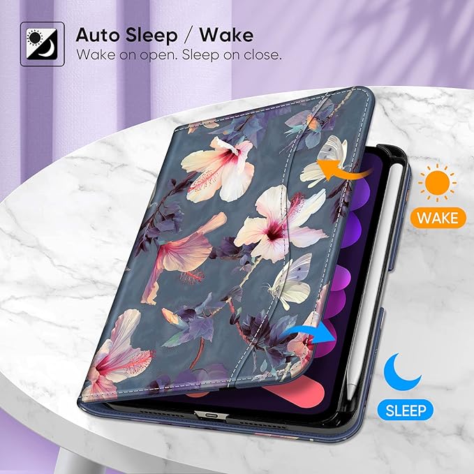 Fintie Folio Case for iPad Mini 7 (A17 Pro, 7th Generation) 2024 / iPad Mini 6 (6th Gen) 8.3 Inch, Multi-Angle Smart Stand Cover with Pencil Holder & Pocket, Auto Sleep/Wake, Hibiscus
