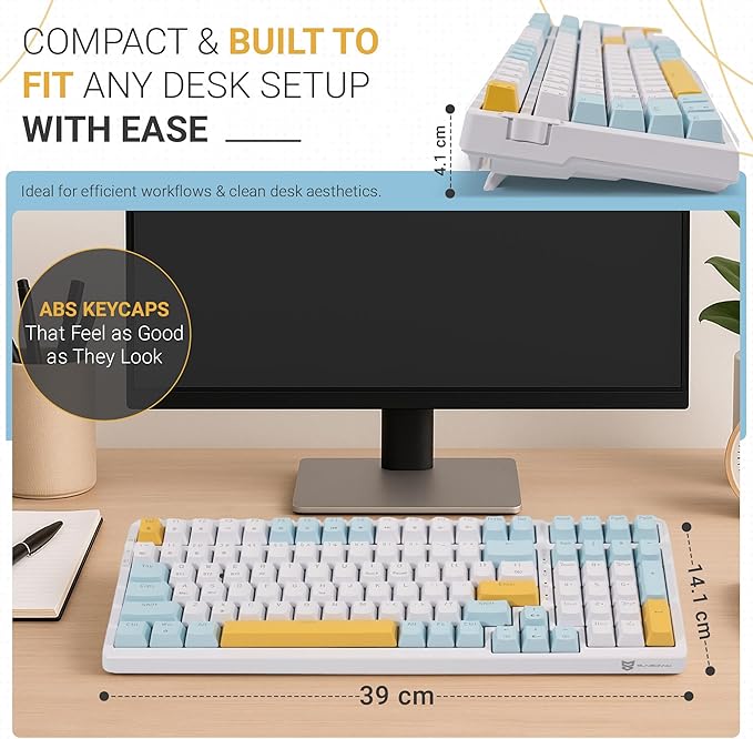 Qisan Wireless/Wired Mechanical Gaming Keyboard ,Triple Mode 2.4G/USB-C/BT (98%)Wireless Mechanical Keyboard with US Layout | Brown Switch Rechargeable RGB Backlit Keyboards for Gaming, White & Yellow