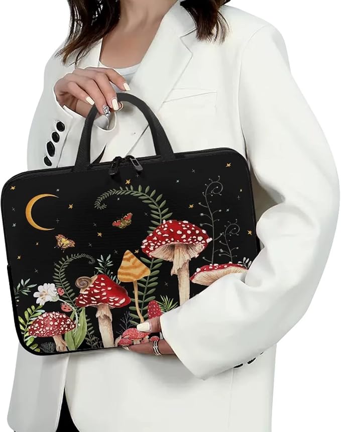 15 Inch Mushroom Laptop Sleeve, Protective Tablet Case with Handle, Shockproof Computer Bag Carrying Case Portable Notebook Cover Messenger Briefcase for Travel/Business/School/Men/Women