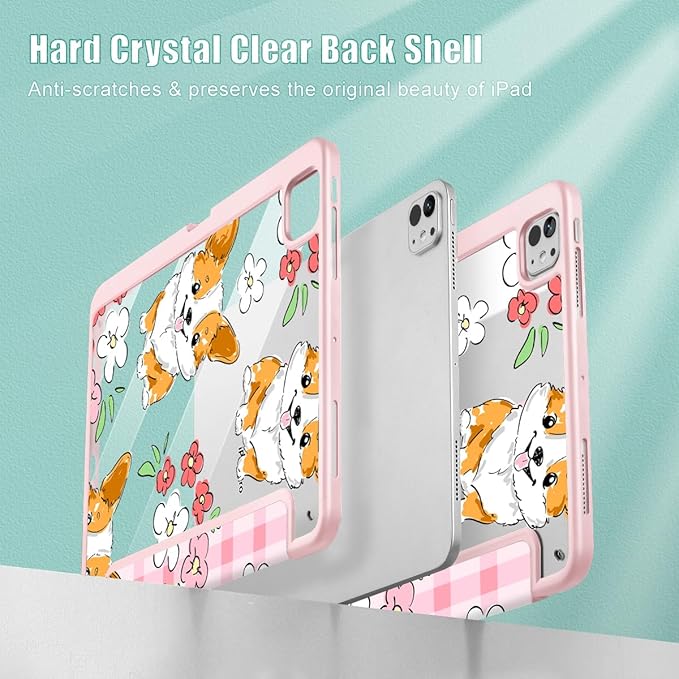 May Chen for iPad Pro 13 Inch Case M5 2025 / M4 2024, Built Pencil Holder & Clear Transparent Print Back Shell Slim Stand Shockproof Tablet Cover, Auto Wake/Sleep, Corgi Dog Stripes