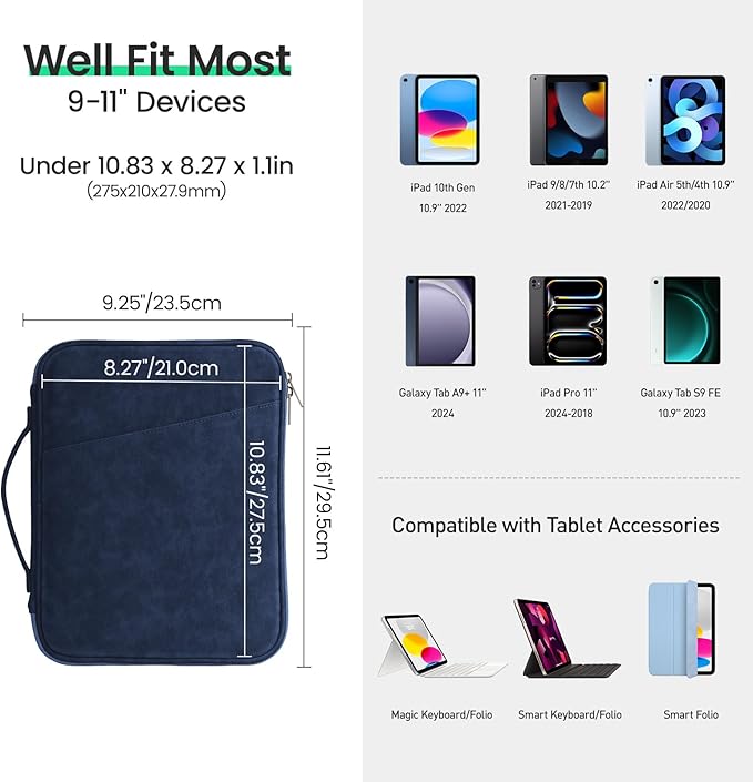 DTTO 9-11 Inch Tablet Sleeve Bag for iPad A16 11-in/Air 11-in M3 M2, iPad 10th Gen 10.9", iPad 9/8/7th Gen 10.2", iPad Air 5/4th Gen 10.9", iPad Pro 11, Galaxy Tab A9+, Waterproof Travel Bag, Navy
