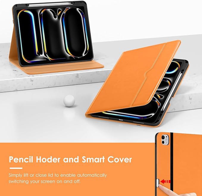 VIKESI Case for iPad Pro 13 (M4) 2024, Leather Stand Cover with Apple Pencil Holder, Auto Wake/Sleep, Multiple Viewing Angles, Built in Hand Strap & Pocket, Orange