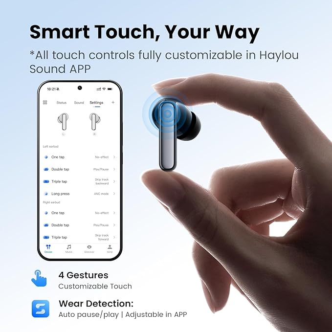 HAYLOU Flowbuds N55 Noise Cancelling Wireless Earbuds, 54dB Aadptive ANC, LDAC Hi-Res Sound Bluetooth 6.0 Earbuds with 6 HD Mics, 40H Playtime, IPX5 in-Ear Ear Buds, Customizable EQ Via APP