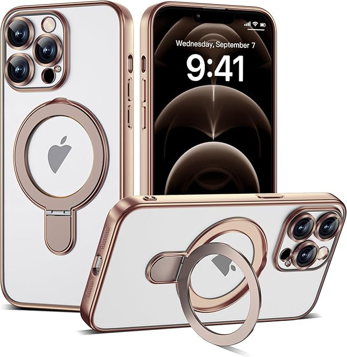 Compatible with iPhone 12 Pro Max Case with Magnetic Ring Stand [Compatible with Mag-Safe] [Full Camera Lens Protector] Plating Clear Phone Case for iPhone 12 Pro Max 6.7", Desert Gold
