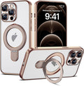 Compatible with iPhone 12 Pro Max Case with Magnetic Ring Stand [Compatible with Mag-Safe] [Full Camera Lens Protector] Plating Clear Phone Case for iPhone 12 Pro Max 6.7", Desert Gold