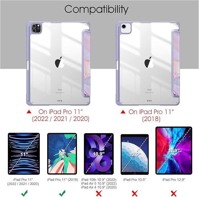 Fintie Hybrid Slim Case for iPad Pro 11-inch (4th / 3rd Generation) 2022/2021 - [Built-in Pencil Holder] Shockproof Cover w/Clear Transparent Back Shell, Also Fit iPad Pro 11" 2nd Gen, Lilac Marble