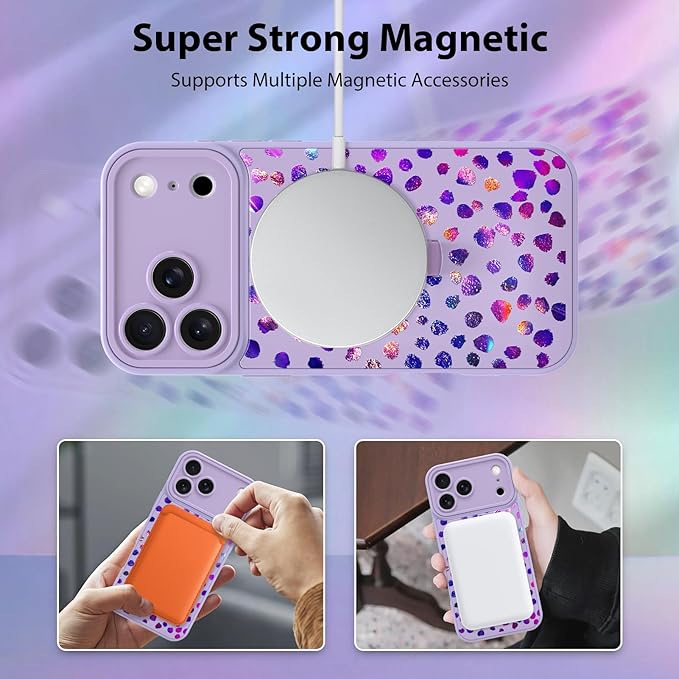 KANGHAR Compatible with iPhone 17 Pro Max Case, Support for MagSafe, Silicone Cute Iridescent Pattern Leopard Print Cheetah, Wristband Kickstand Shockproof Soft Slim Cover for Girls Women, Purple