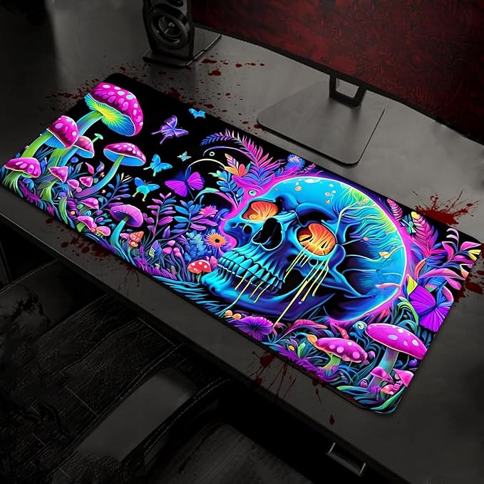 Simpkeely Large Skull Mushroom Gaming Mouse Pad - UV Light Reactive Neon Glow Butterfly Mat Waterproof XL Non-Slip Rubber Base for Computer & Keyboard, 31.5" x 11.8"