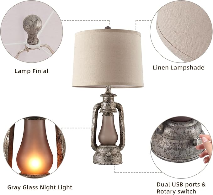 Farmhouse Rustic Table Lamps for Living Room Set of 2,Vintage Lantern Table Lamp with Dual USB Ports, 25" Tall Retro Bedside Lamp for Bedroom Nightstand, 4 Bulb Included (Iron Gray)