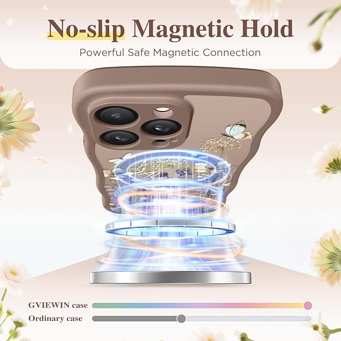 GVIEWIN for iPhone 14 Pro Max Case Compatible with MagSafe [Curly Wave Edge][Full Camera Protection] Floral Translucent Shockproof Magnetic Women Phone Case for 14 Pro Max, Autumnflit/Brown