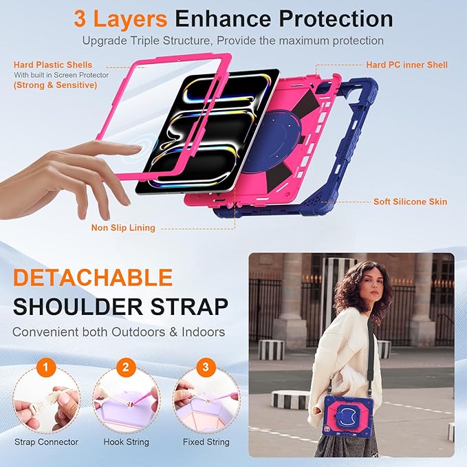 Case for iPad Pro 13 Inch M5 2025 / M4 2024, Auorld for iPad Pro 13 Inch M5 2025 with Screen Protector, 360 Degree Rotating Stand Shoulder Strap Pencil Holder, Navy Pink