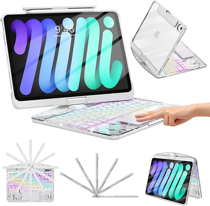 TSQQST Clear Wireless Keyboard Case for iPad mini 7 A17 Pro (2024)/ Mini 6 (2021) 8.3" w/Multi-Touch Trackpad, 7-Color Backlit, Pen Holder, 360 Rotating Case for iPad mini 7th/6th Generation, White