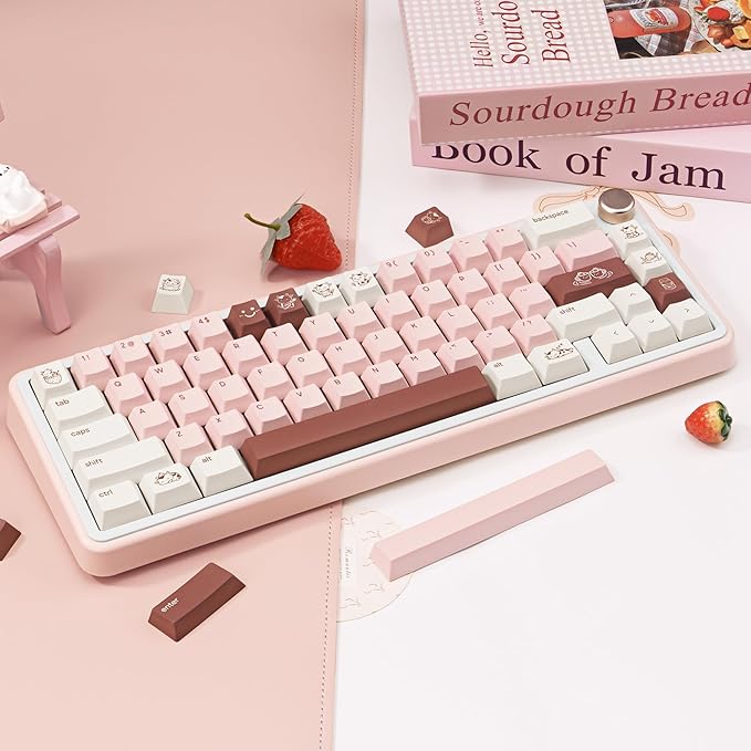 Milk Strawberry Cute Pink Keycaps - 134 Keys PBT Dye-Sublimation Keycaps, Cherry Profile - Kawaii Cow & Milk Cartoon Illustrations, Compatible with 60% 65% 75% 80% 100% Mechanical Keyboards