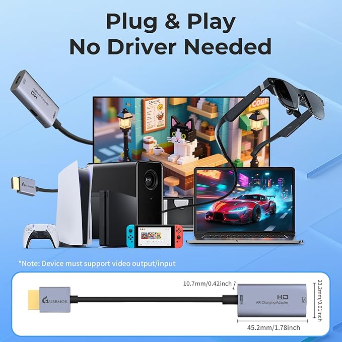 Guermok AR Glasses HDMI to USB-C Display Adapter, 4K@60Hz Play and Charge XR Converter with DC 5V, for XREAL One/Air 2 Pro/RayNeo/Rokid, Switch 2/1, Xbox1, PS4/5, Portable Monitors (Sliver)
