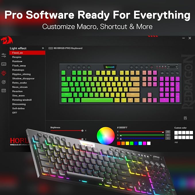 Redragon K618 PRO 3-Mode Wireless RGB Mechanical Keyboard, BT/2.4Ghz/Wired Low Profile Win/Mac Gaming Keyboard w/Ultra-Thin Design, Dedicated Media Control & Linear Red Switch