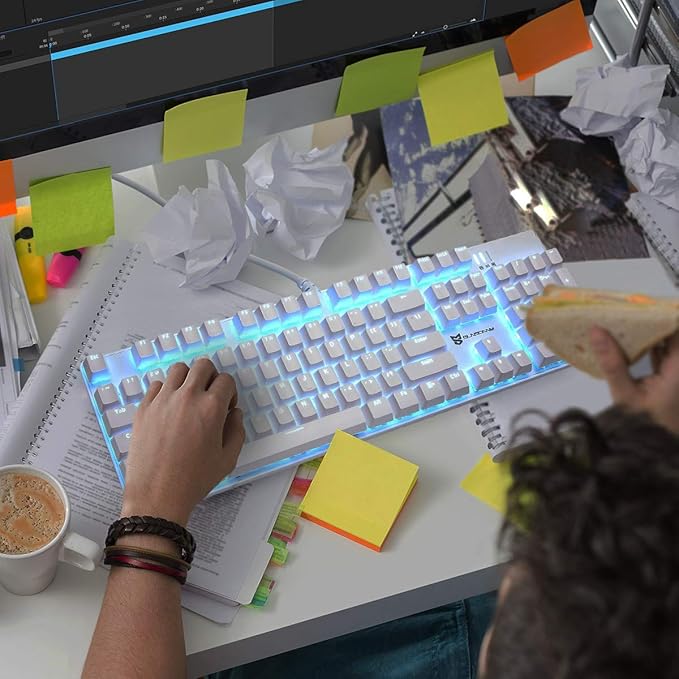 Qisan 104 Mechanical Keyboard for Gaming | Large Size USB White Backlit Gaming Keyboard Wired | US Layout Brown Switches Hot Swappable Mechanical Clicky Keyboards Compatible with PC & Laptop