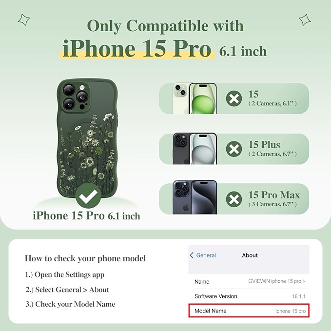 GVIEWIN for iPhone 15 Pro Case Compatible with MagSafe [Curly Wave Edge][Full Camera Protection] Floral Translucent Shockproof Magnetic Women Phone Case for iPhone 15 Pro 6.1'',Floratopia/Forest Green