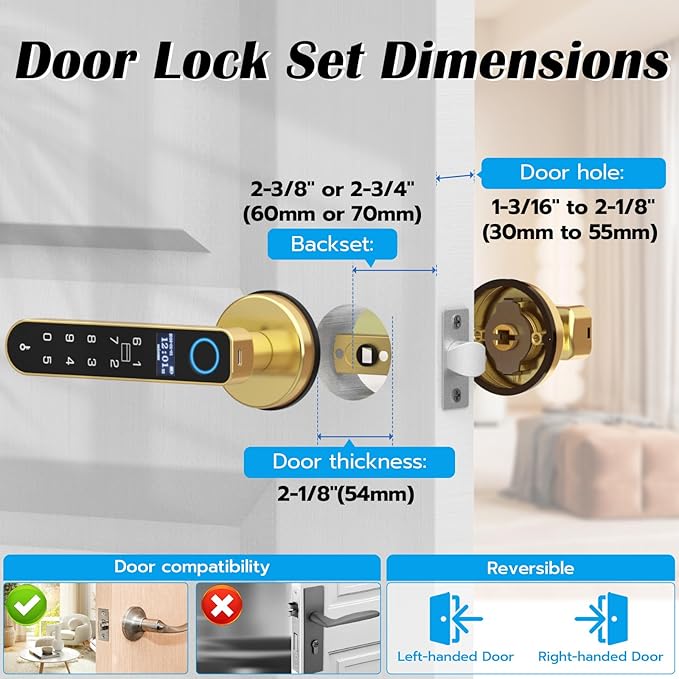 Fingerprint Keyless Entry Bedroom Door Lock with Code RFID Card NFC APP Keypad, Smart Biometric Automatic Interior Door Handle with Lock for Indoor Hotel Pantry Apartment Office Home, Gold
