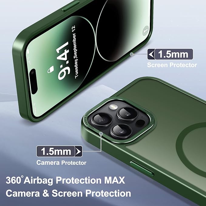 Newfuture Designed for iPhone 14 Pro Max Case with Magnetic [13 FT Military Drop Protection] [Compatible with Magsafe] Slim Translucent Matte Shockproof with Anti-Fingerprint Phone Case, Dark Green