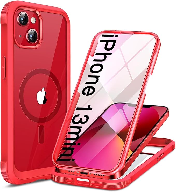 Miracase for iPhone 13 mini Case 5.4",Full-Body Protection,Clear Bumper Case with Built-in 9H Tempered Glass Screen Protector,Military-Grade Drop Protection Outdoor Phone Case for iPhone 13 mini,Red