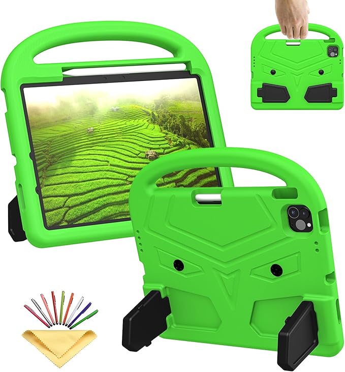 Kids Case for Apple iPad Air 11-inch M3 (2025) / M2 (2024) with Pencil Holder/Handle/Kickstand Lightweight Soft EVA Foam Shockproof Stand Tablet Cover for iPad Air 11" M3/M2, Green Bird