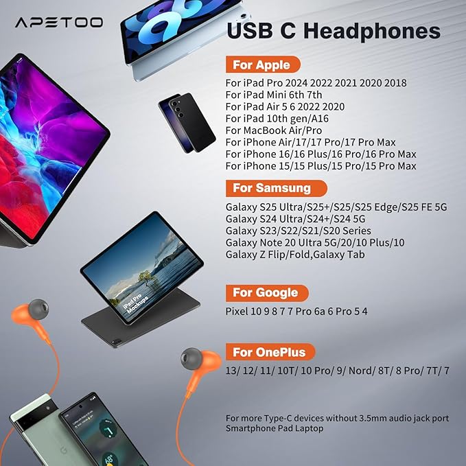 USB C Headphones for iPhone 17 16 15 Pro Galaxy S25 S26 Wired Earbuds with Microphone for Samsung S24 S23 S22 S21 Ultra, Magnetic Noise Canceling in-Ear Type C Earphone for iPad 10 Pixel 9 8, Orange