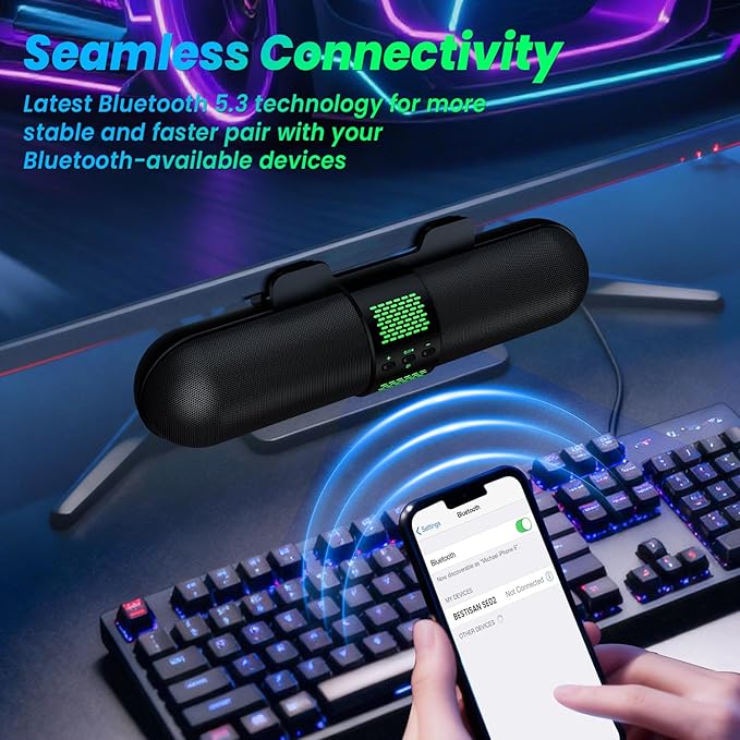 BESTISAN Computer Speaker, Bluetooth 5.3/Wired USB A/C Connection, 6 RGB Light Modes, Gaming Soundbar for PC/Laptop/Desktop, USB A/C Adapter, Loud Sound, Easily Clamps to Monitor, Convenient Controls