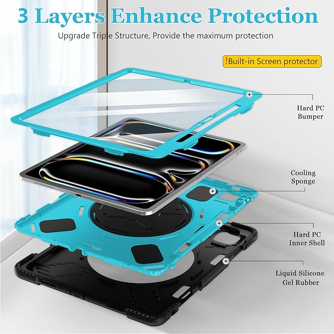 Case for iPad Pro 13 Inch M5 2025/ M4 2024: Military Grade Cover for iPad Pro 13" with Screen Protector - Stand - Handle - Shoulder Strap - Pencil Holder- Mint Green