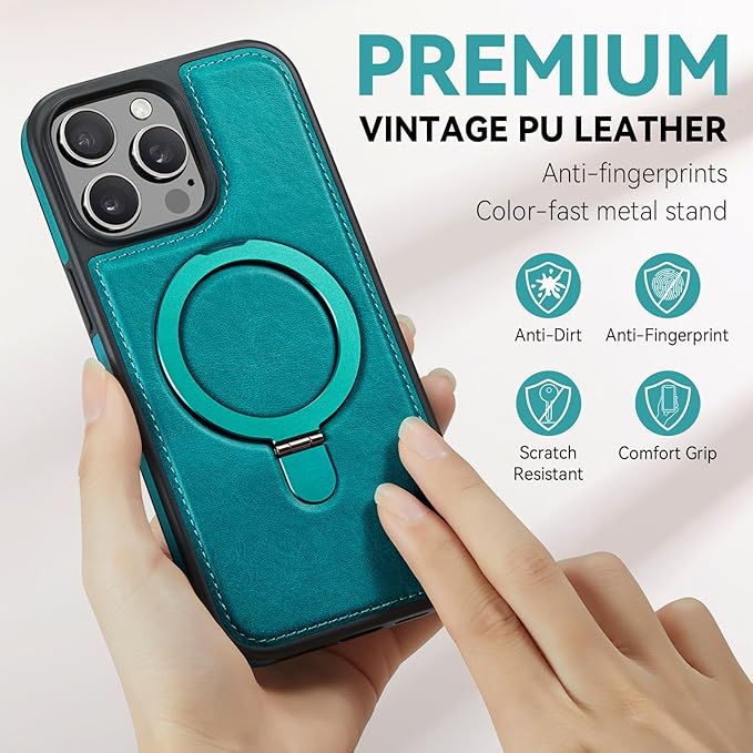 Compatible with iPhone 15 Pro Case with Stand, Compatible with MagSafe, Slim PU Leather & Durable TPU Protective Cover Drop-Proof with Tempered Glass Screen Protector 6.1", Green