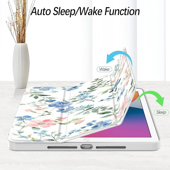 Case for iPad 9th / 8th / 7th Generation (2021/2020/2019) 10.2 inch, Case with Pencil Holder, Stand Clear Back Cover Cute Cool Design for Women Girls, Auto Sleep/Wake, Blue Pink Flower