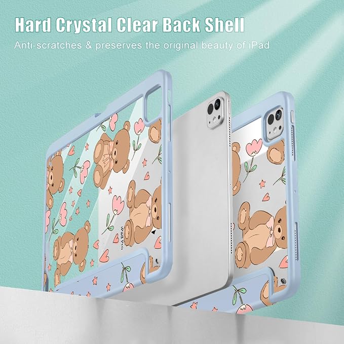 May Chen for iPad Pro 13 Inch Case M5 2025 / M4 2024, Built Pencil Holder & Clear Transparent Print Back Shell Slim Stand Shockproof Tablet Cover, Auto Wake/Sleep, Cute Teddy Bear