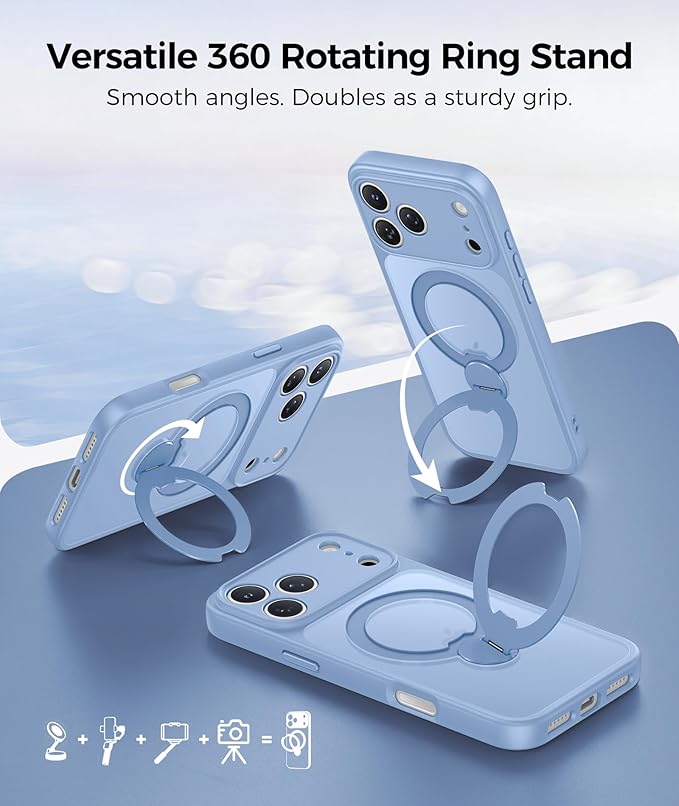 FNTCASE for iPhone 17 Pro-Max Case: [360 Spin Magnetic Stand] [Compatible with Magsafe] [Screen Protector] Translucent Matte Military Grade Shockproof Full Camera Protective Phone Cover - Light Blue