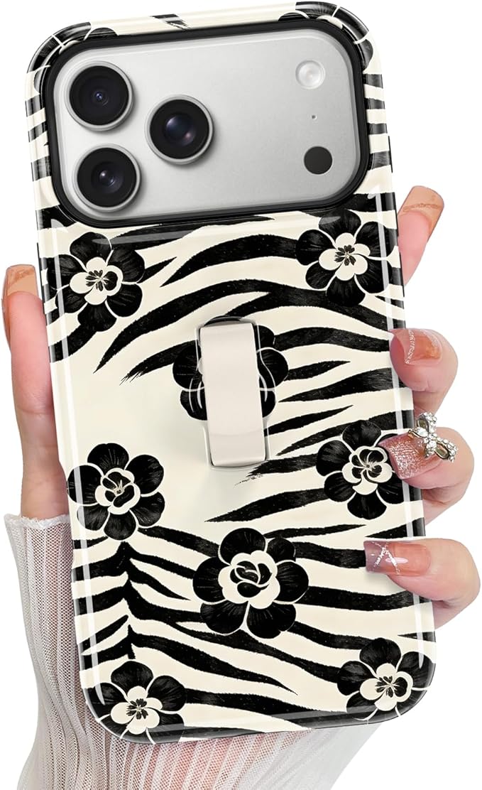 KANGHAR Compatible with iPhone 17 Pro Max Case, Support for MagSafe, Silicone Floral Cool Pattern, Wristband Kickstand Camera Protection Soft Slim Phone Case for Girls Women -Black