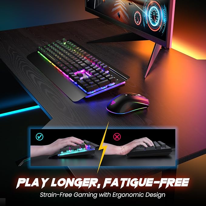 RisoPhy Wireless Gaming Keyboard and Mouse Combo, Metal Panel, 7 Color Backlits, Rechargeable 3200 mAh Battery, Wrist Rest, Sleep Mode, Light Up Keyboard + 7D 3200DPI Gaming Mice for PC Gamer