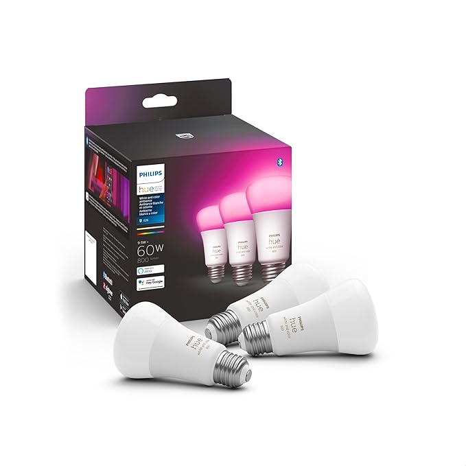 Philips Hue Smart Lighting Bundle: 3-Pack A19 LED Smart Light Bulbs (White and Color Ambiance) with Philips Hue Bridge — Control with Hue App, Compatible with Alexa, Google Assistant, Apple Homekit