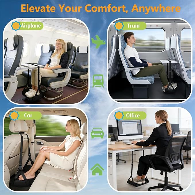 Foot Hammock for Plane Travel - Portable Adjustable Airplane Foot Hammock with Memory Foam - Hardboard, Prevents Feet Clashing, Relieves Swelling - Travel, Office Essentials