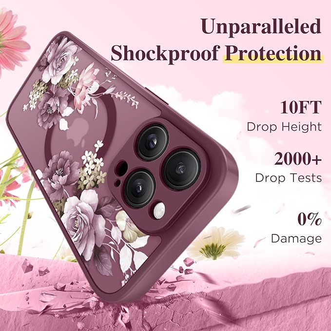 GVIEWIN for iPhone 15 Pro Case Compatible with MagSafe, [Military Grade Protection] [Screen Protector] Full Camera Protection Floral Translucent Women Magnetic Phone Case, Cherry Blossoms/Burgundy