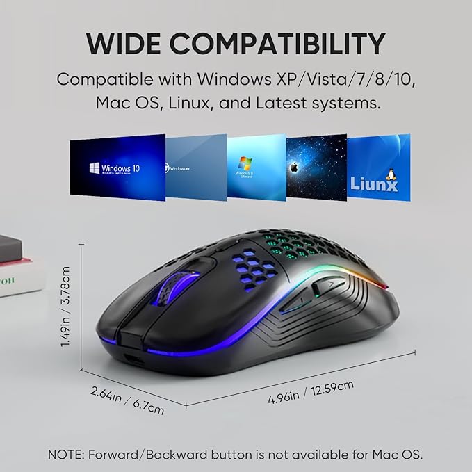 MELOGAGA Wireless Gaming Mouse Honeycomb 2.4G USB Cordless Mouse RGB Rechargeable PC Game Mice with 7-Color LED Lights，4 Adjustable DPI for Windows Laptop Desktop Computers (Black)
