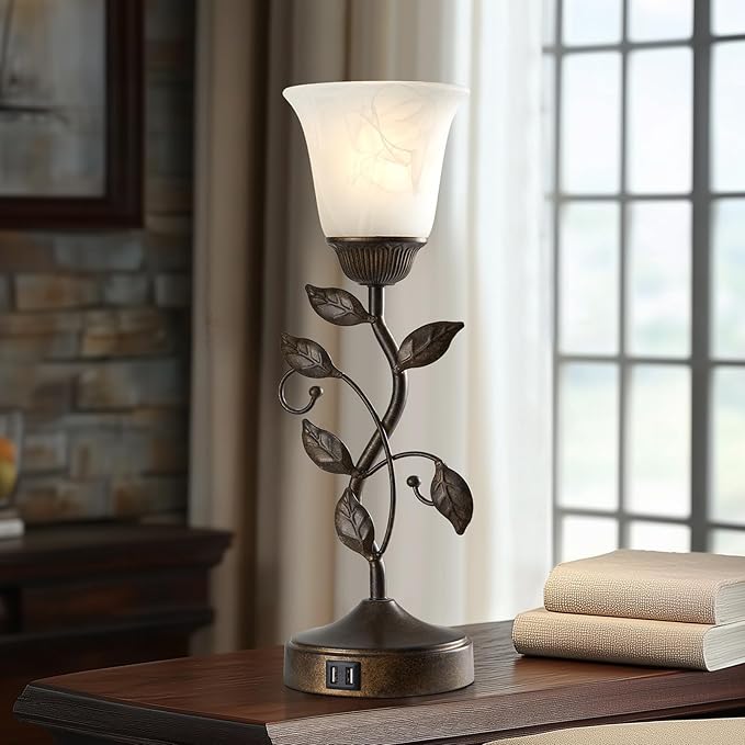 Set of 2 Touch Farmhouse Bedroom Table Lamps, Nightstand Vintage Flower Lamps with 2 USB Ports, 3 Way Dimmable Leaf Lamp for Living Room with White Glass Shades, Bulbs Included