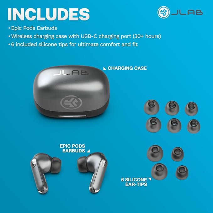 JLab Epic Pods ANC, True Wireless Earbuds, Active Noise Cancelling, Bluetooth, Black